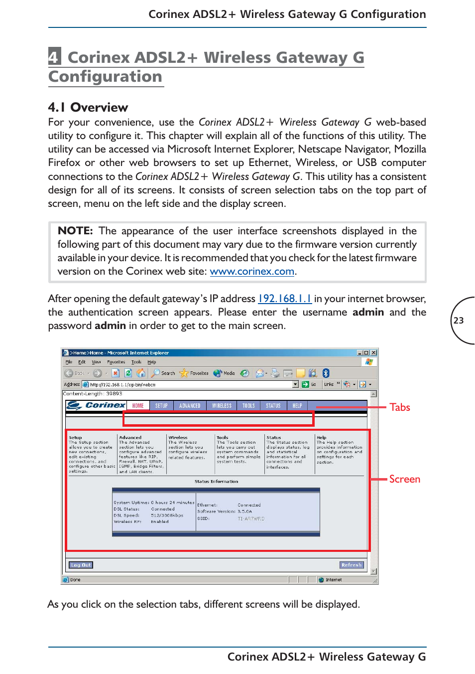 4corinex adsl2+ wireless gateway g configuration | Corinex Global ADSL2+ User Manual | Page 24 / 145