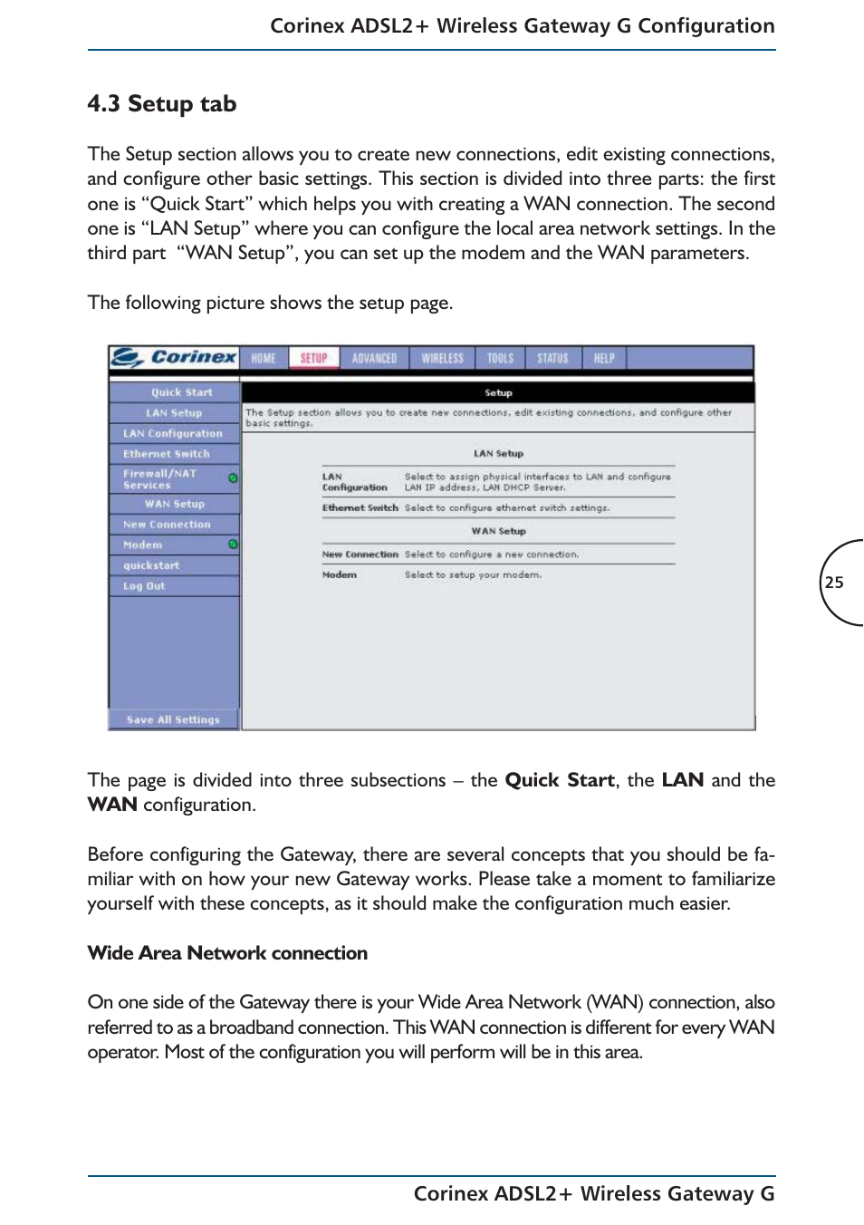 3 setup tab | Corinex Global ADSL2+ User Manual | Page 26 / 145