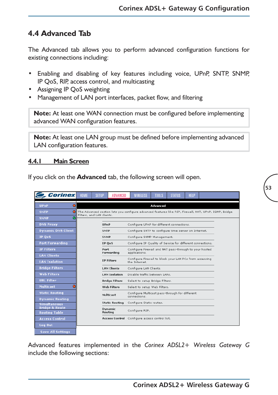 4 advanced tab | Corinex Global ADSL2+ User Manual | Page 54 / 145