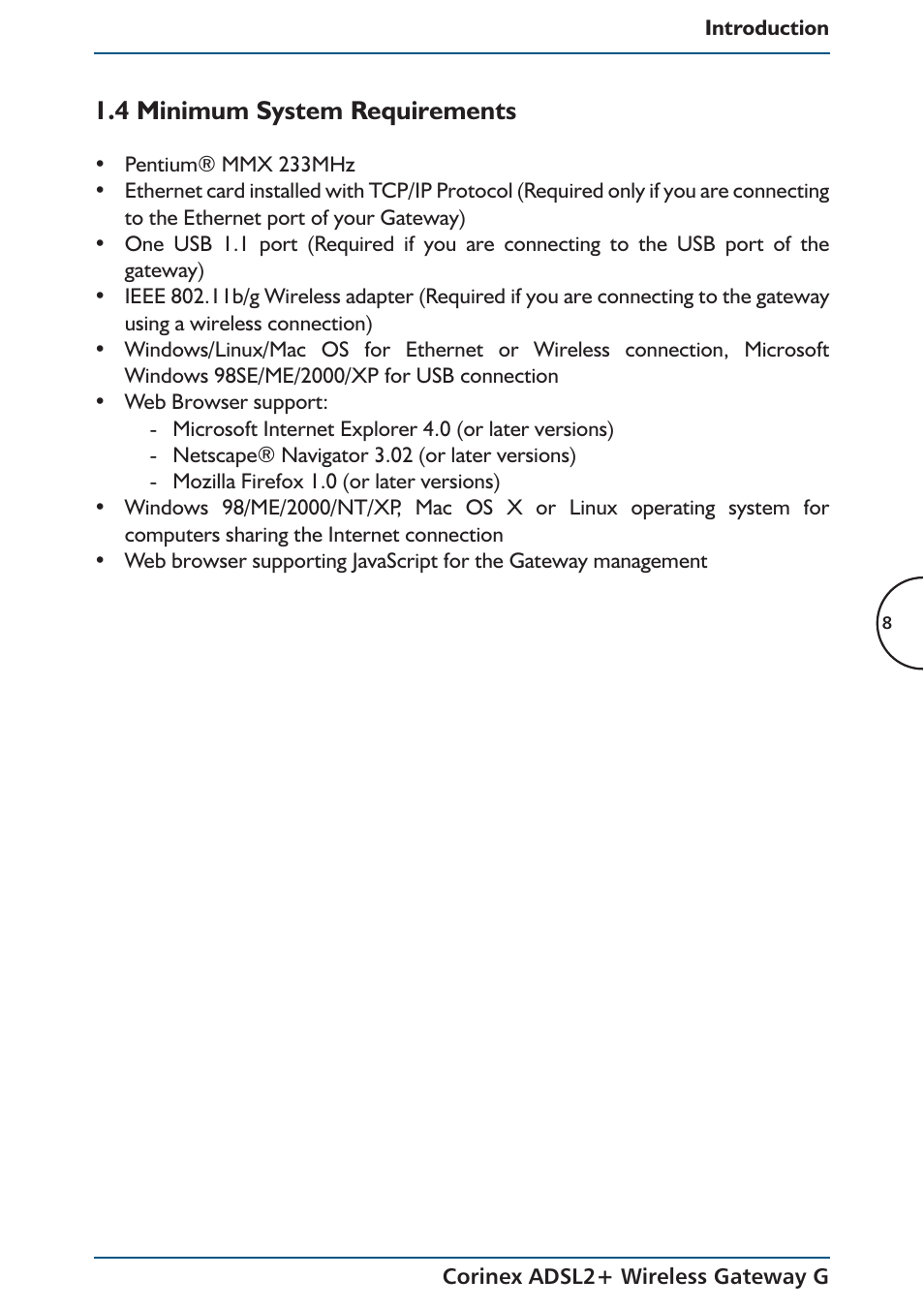 4 minimum system requirements | Corinex Global ADSL2+ User Manual | Page 9 / 145