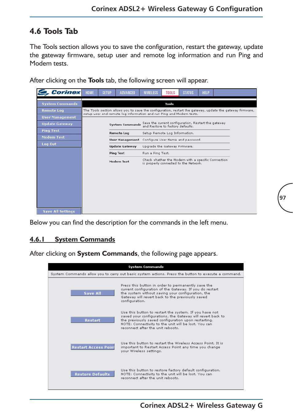 6 tools tab | Corinex Global ADSL2+ User Manual | Page 98 / 145