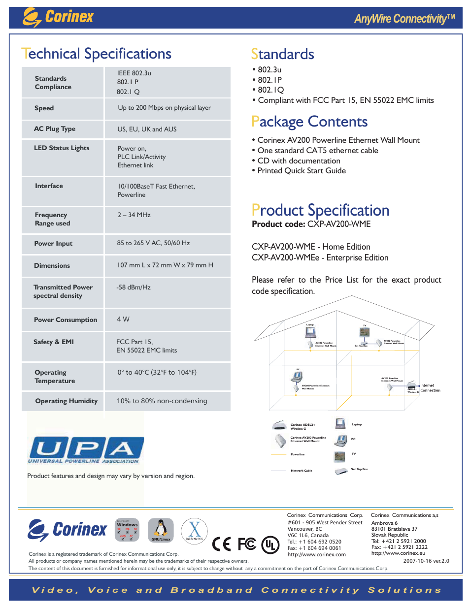 Product specification, Technical specifications, Standards p ackage contents | N a ywireconnectivity | Corinex Global AV200 User Manual | Page 2 / 2