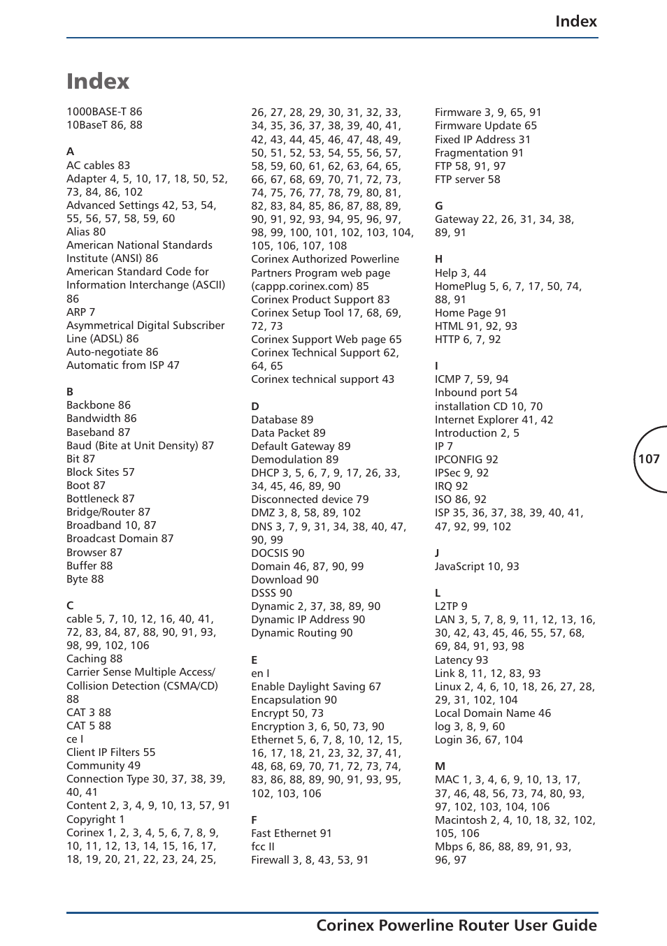 Index, Index corinex powerline router user guide | Corinex Global Powerline Router User Manual | Page 110 / 111