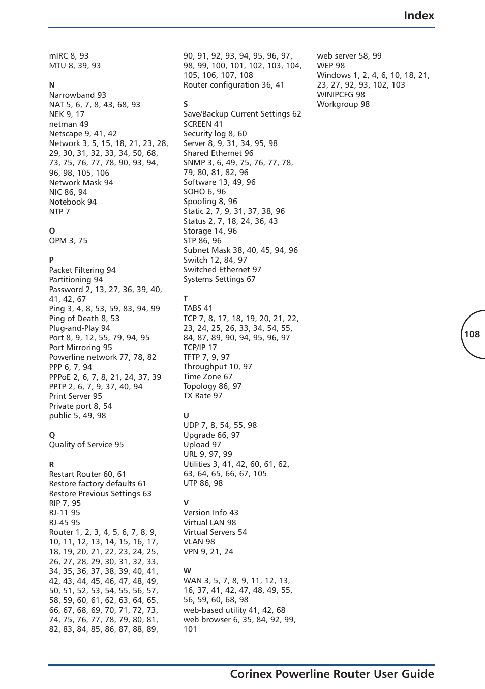 Index corinex powerline router user guide | Corinex Global Powerline Router User Manual | Page 111 / 111