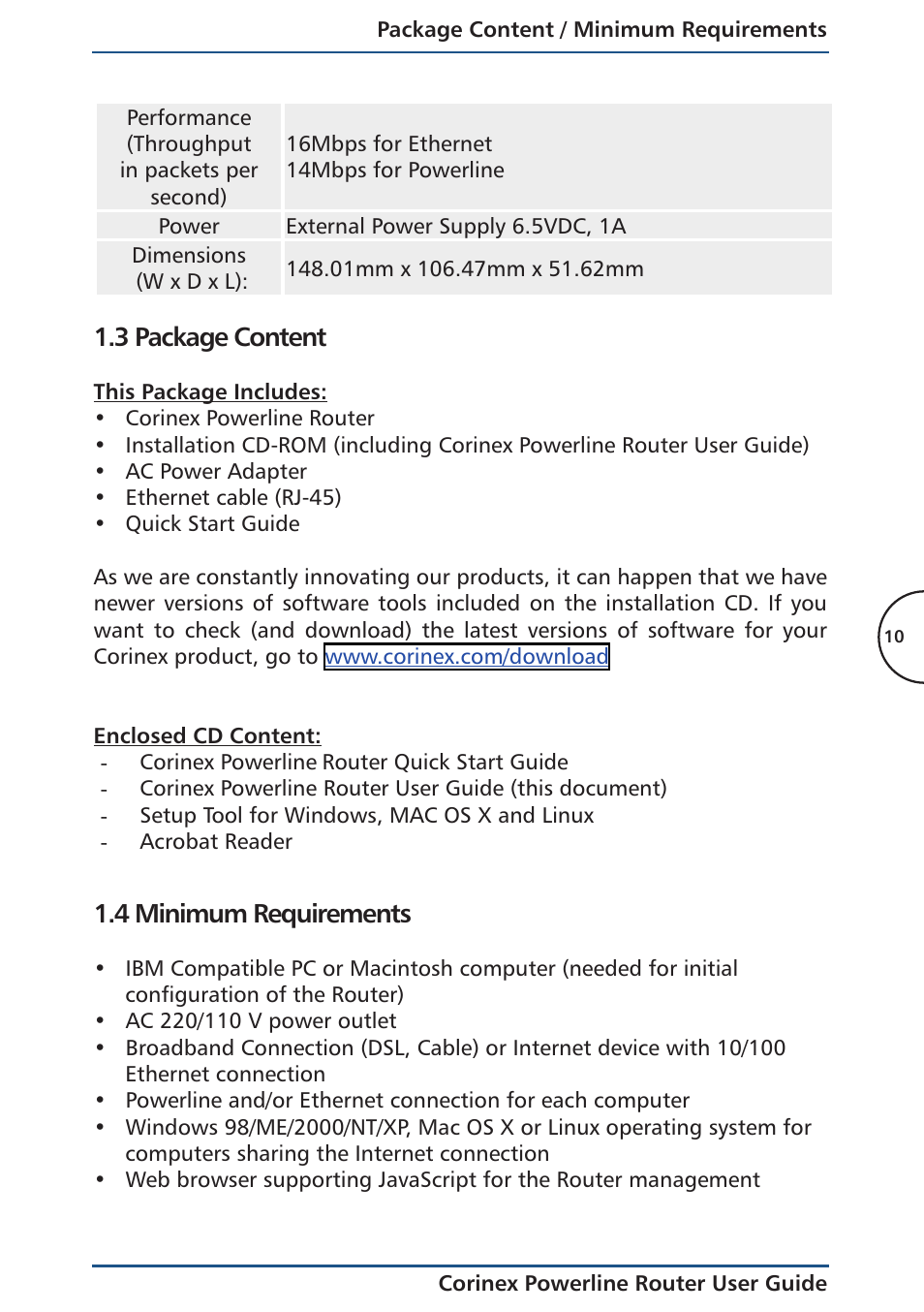 3 package content, This package includes, Enclosed cd content | 4 minimum requirements | Corinex Global Powerline Router User Manual | Page 13 / 111