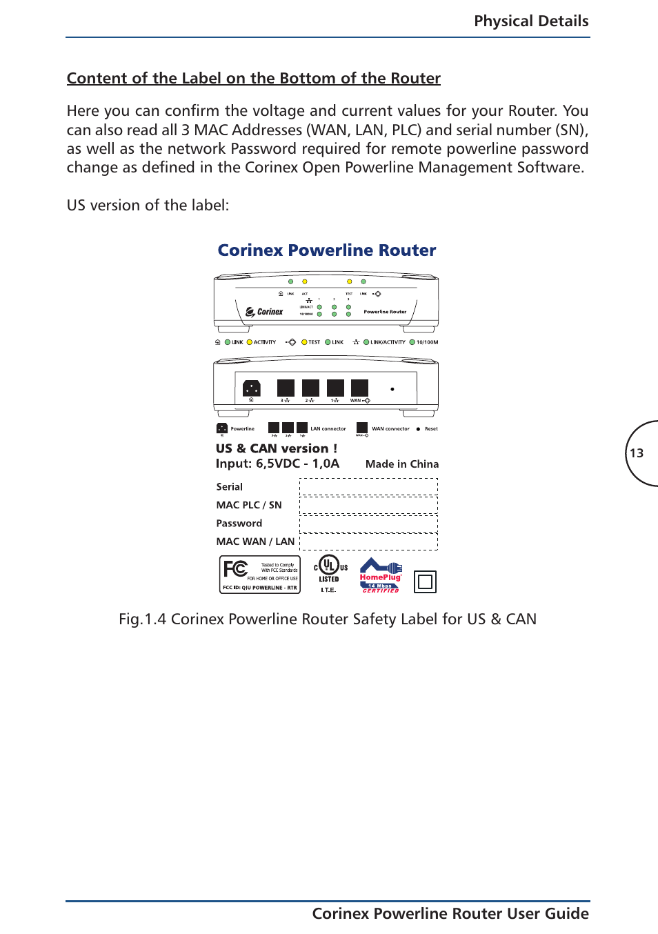 Content of the label on the bottom of the router | Corinex Global Powerline Router User Manual | Page 16 / 111