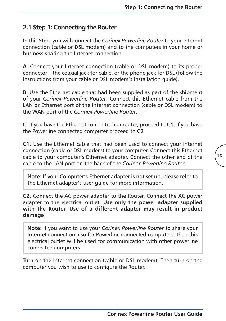 1 step 1: connecting the router | Corinex Global Powerline Router User Manual | Page 19 / 111