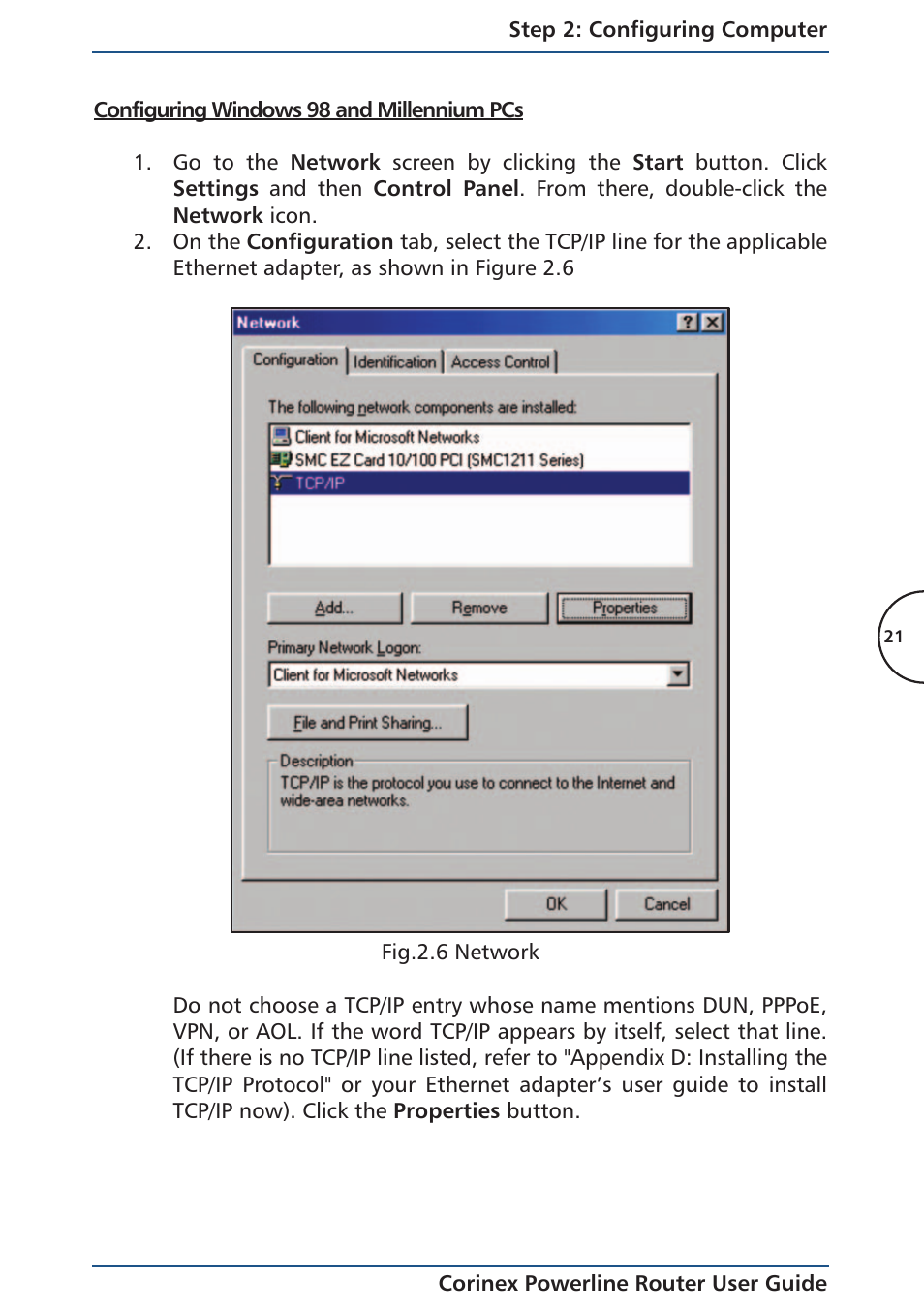 Configuring windows 98 and millennium pcs | Corinex Global Powerline Router User Manual | Page 24 / 111