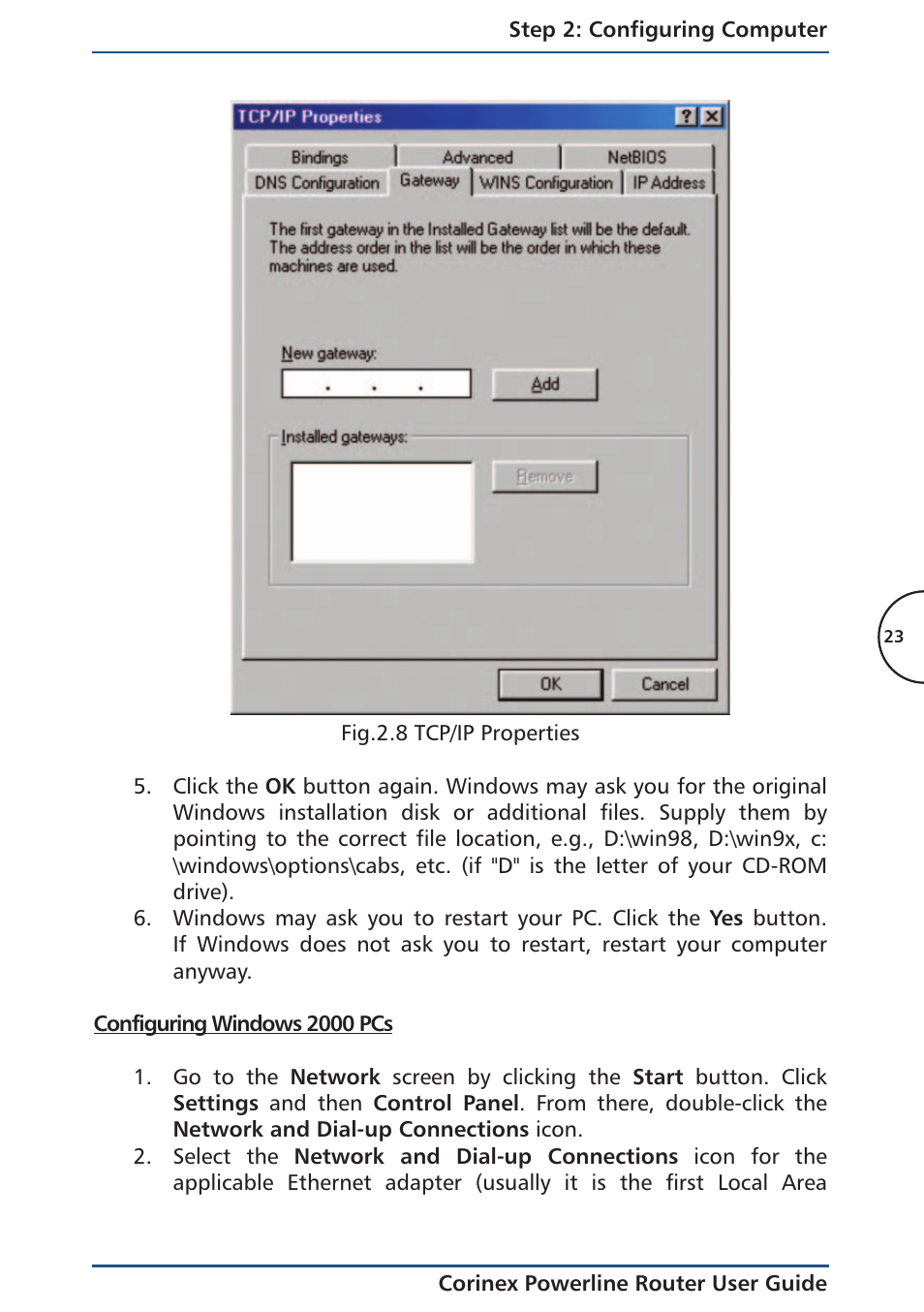 Configuring windows 2000 pcs | Corinex Global Powerline Router User Manual | Page 26 / 111