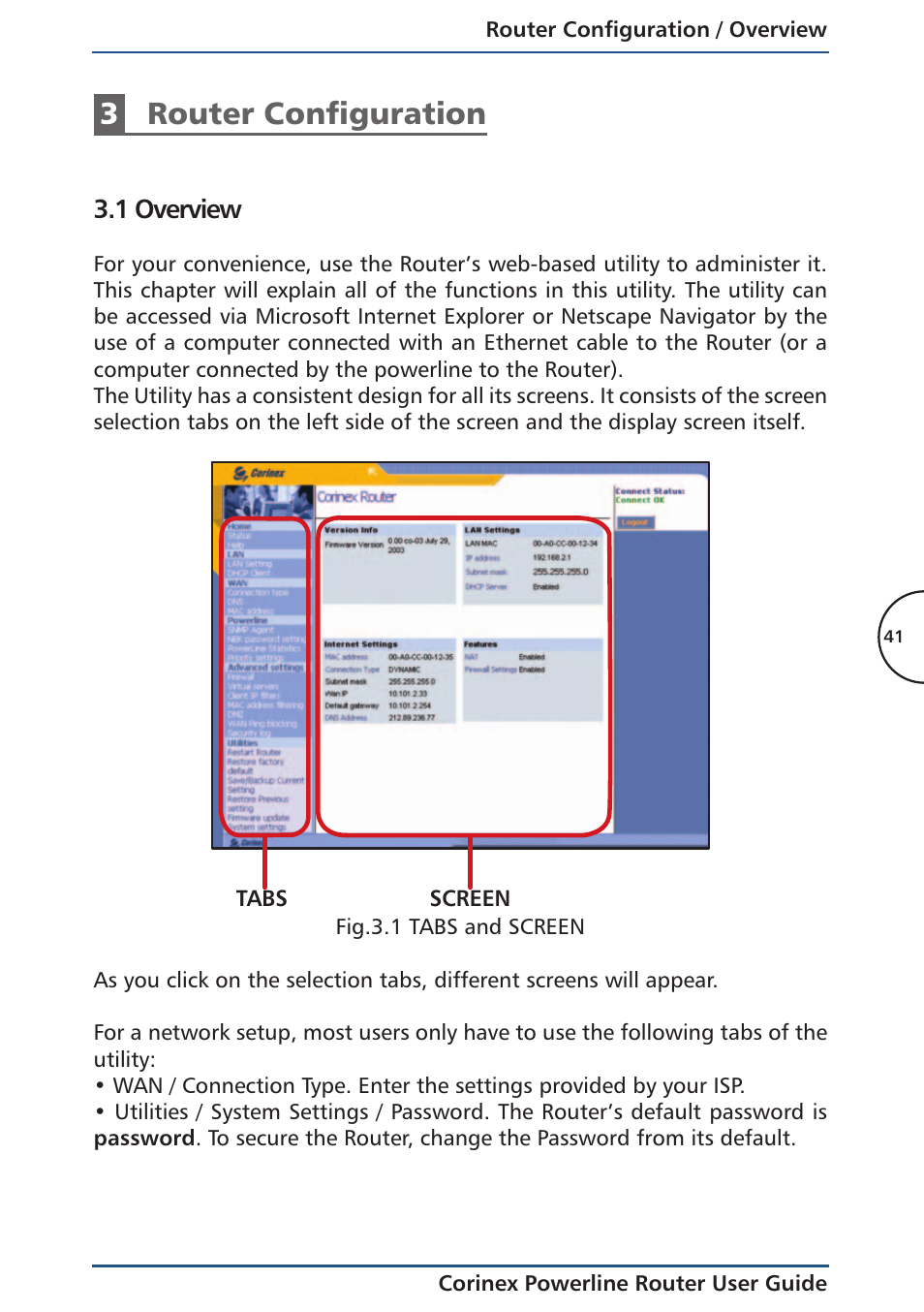 Router configuration, 1 overview, 3router configuration | Corinex Global Powerline Router User Manual | Page 44 / 111