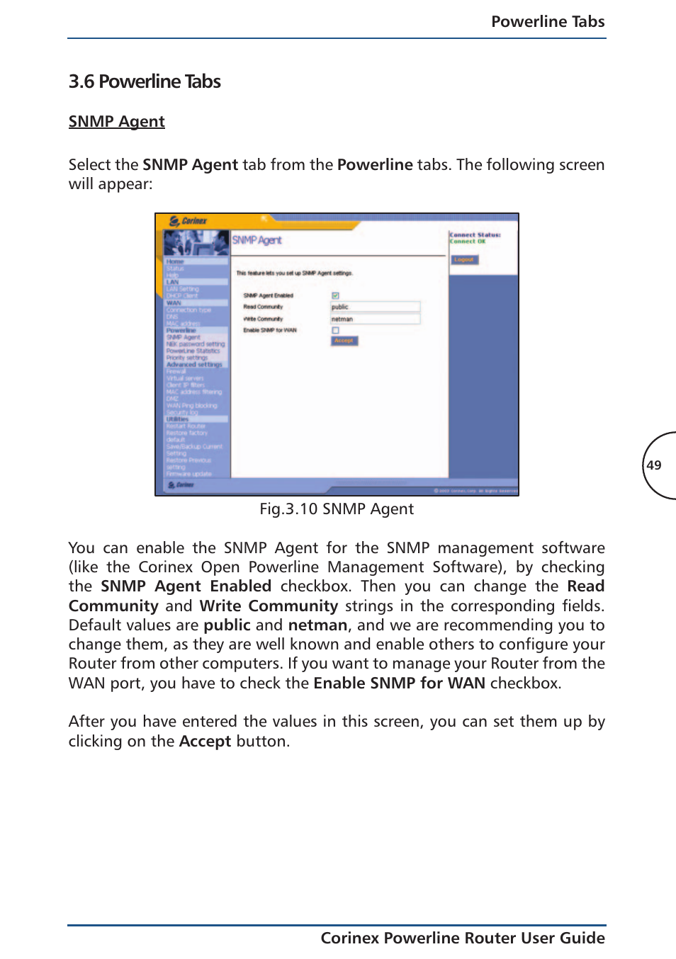 6 powerline tabs, Snmp agent | Corinex Global Powerline Router User Manual | Page 52 / 111