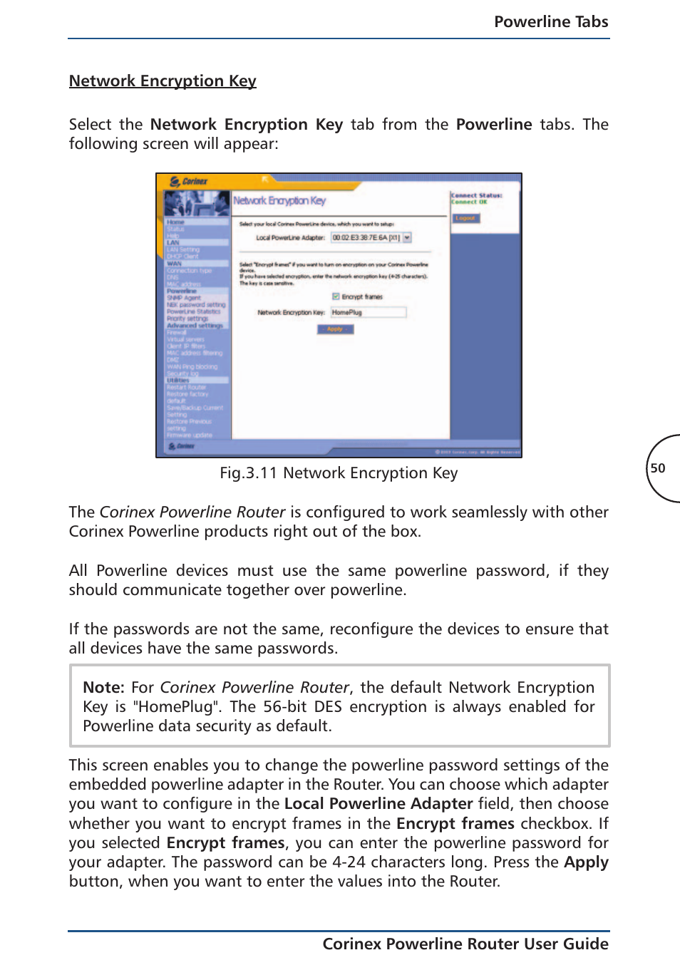 Network encryption key | Corinex Global Powerline Router User Manual | Page 53 / 111