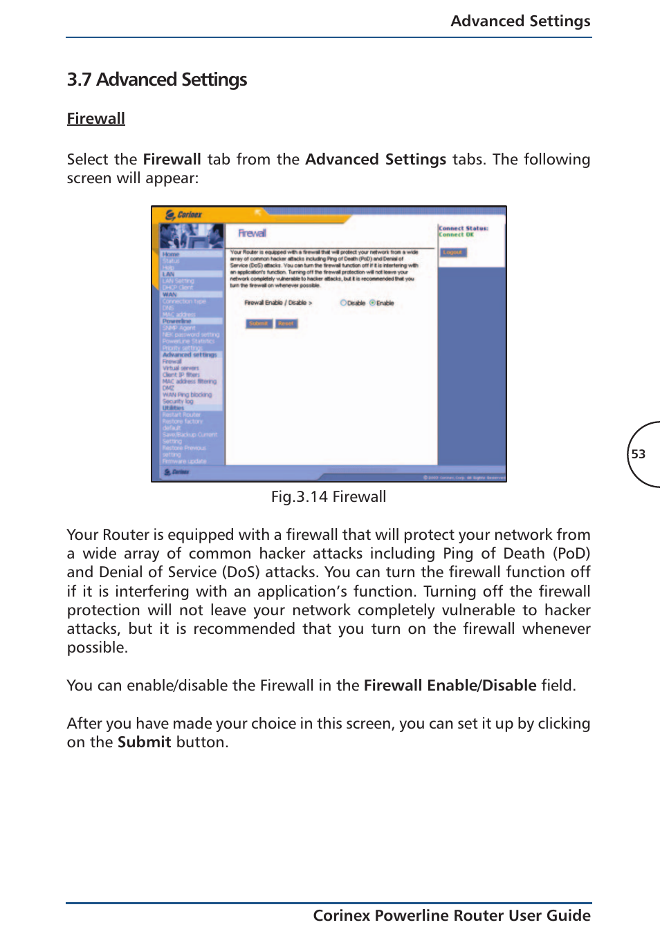 7 advanced settings, Firewall | Corinex Global Powerline Router User Manual | Page 56 / 111