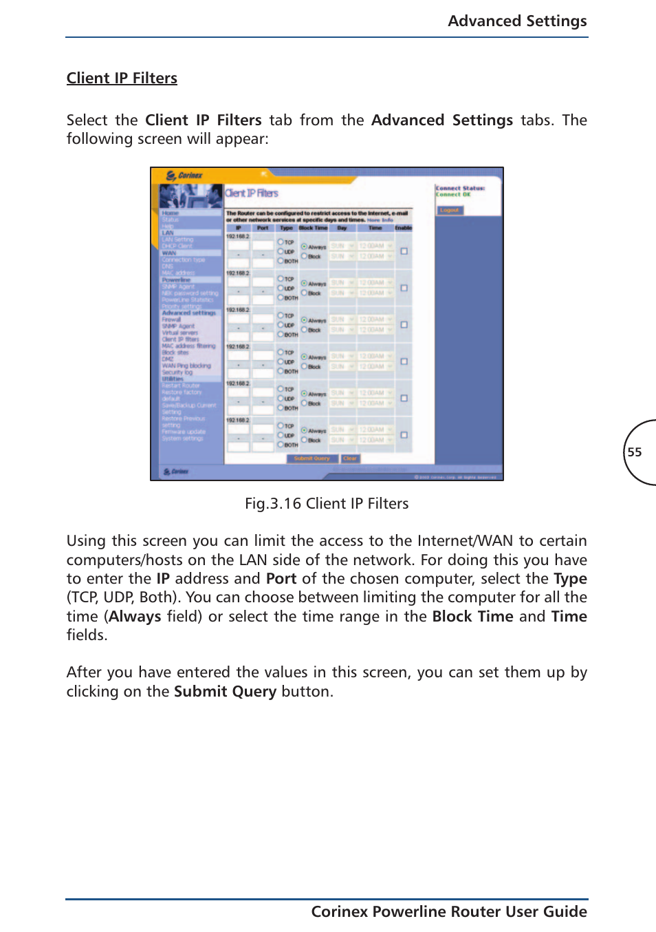 Client ip filters | Corinex Global Powerline Router User Manual | Page 58 / 111