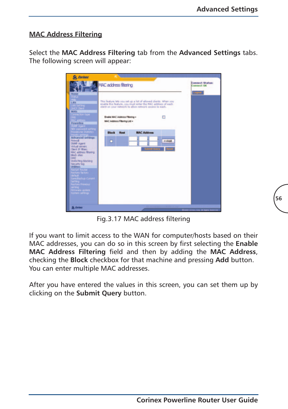 Mac address filtering | Corinex Global Powerline Router User Manual | Page 59 / 111