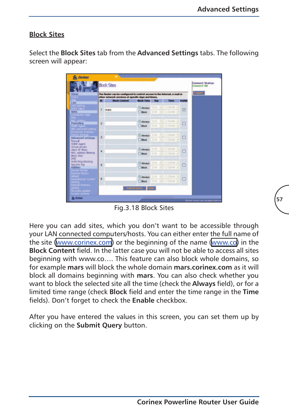 Block sites | Corinex Global Powerline Router User Manual | Page 60 / 111