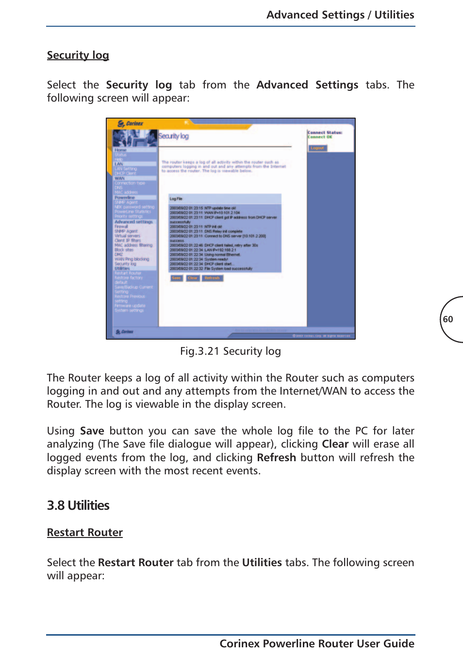 Security log, 8 utilities, Restart router | Corinex Global Powerline Router User Manual | Page 63 / 111