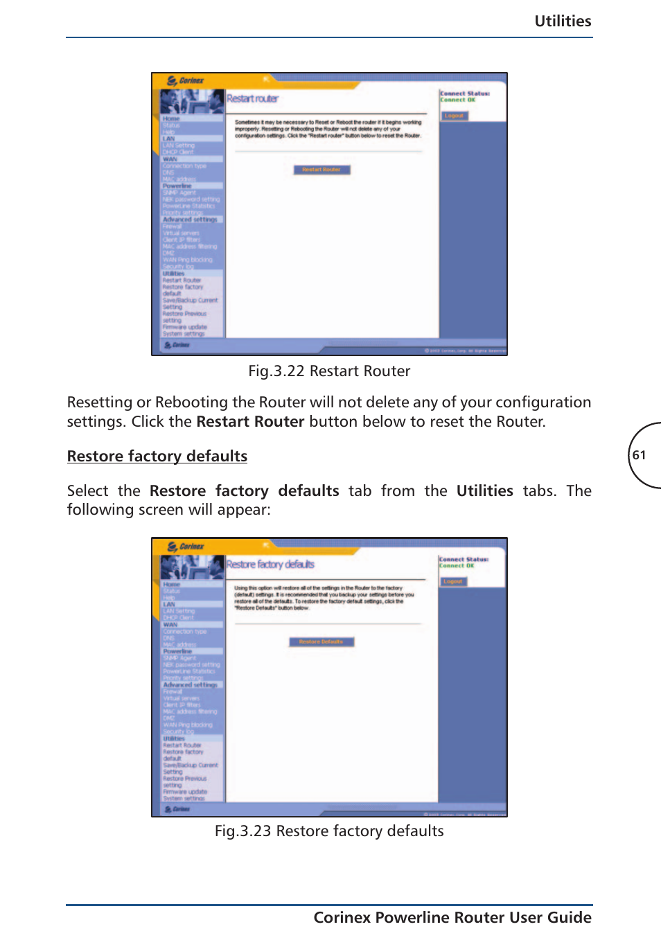 Restore factory defaults | Corinex Global Powerline Router User Manual | Page 64 / 111