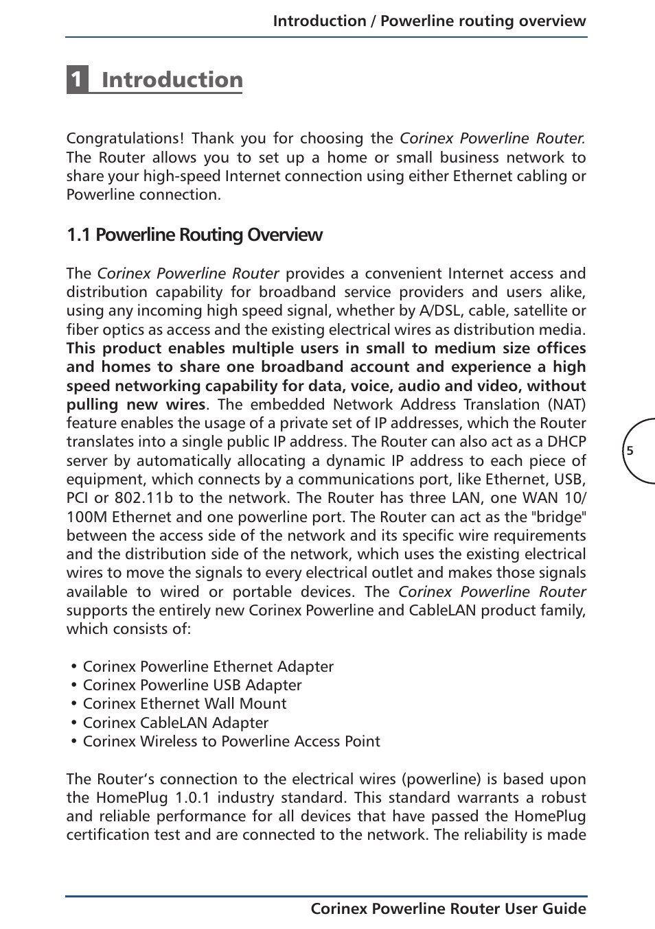 1 introduction, 1 powerline routing overview, Introduction | Corinex Global Powerline Router User Manual | Page 8 / 111