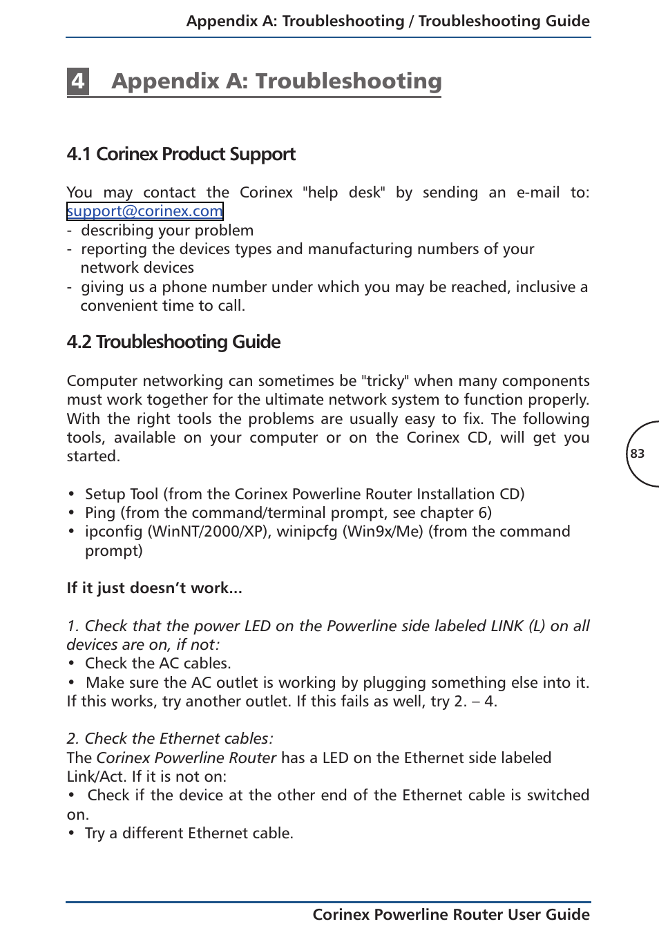 4 appendix a: troubleshooting, 1 corinex product support, 2 troubleshooting guide | 4appendix a: troubleshooting | Corinex Global Powerline Router User Manual | Page 86 / 111