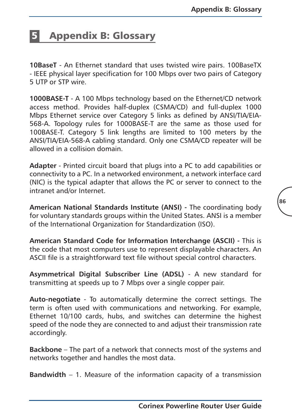 5 appendix b: glossary, 5appendix b: glossary | Corinex Global Powerline Router User Manual | Page 89 / 111