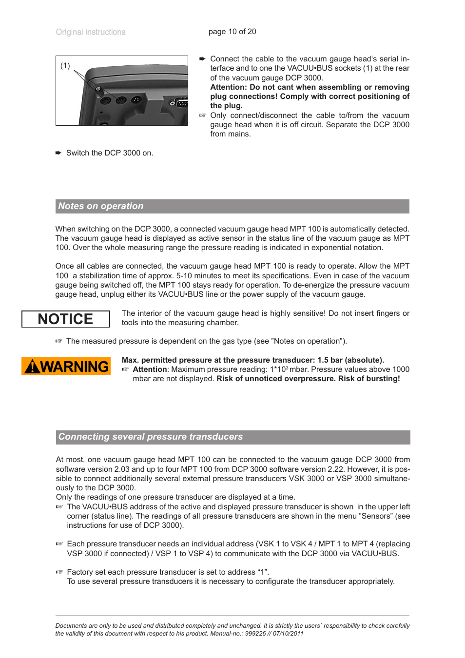 Notes on operation, Connecting several pressure transducers, Notice | VACUUBRAND MPT 200 User Manual | Page 10 / 20