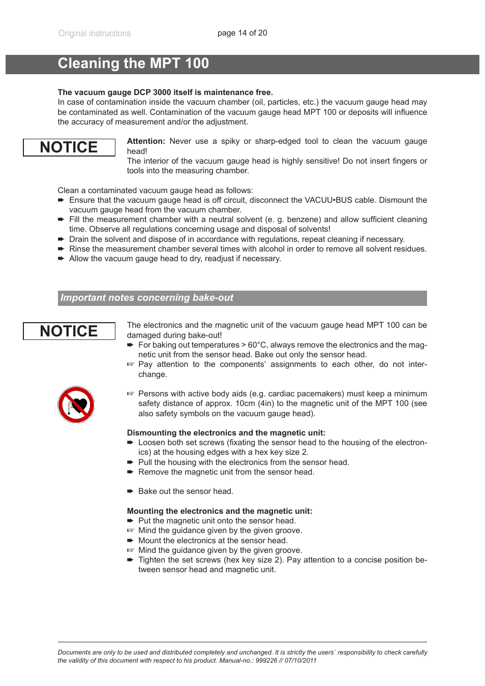 Cleaning the mpt 100, Important notes concerning bake-out, Notice | VACUUBRAND MPT 200 User Manual | Page 14 / 20