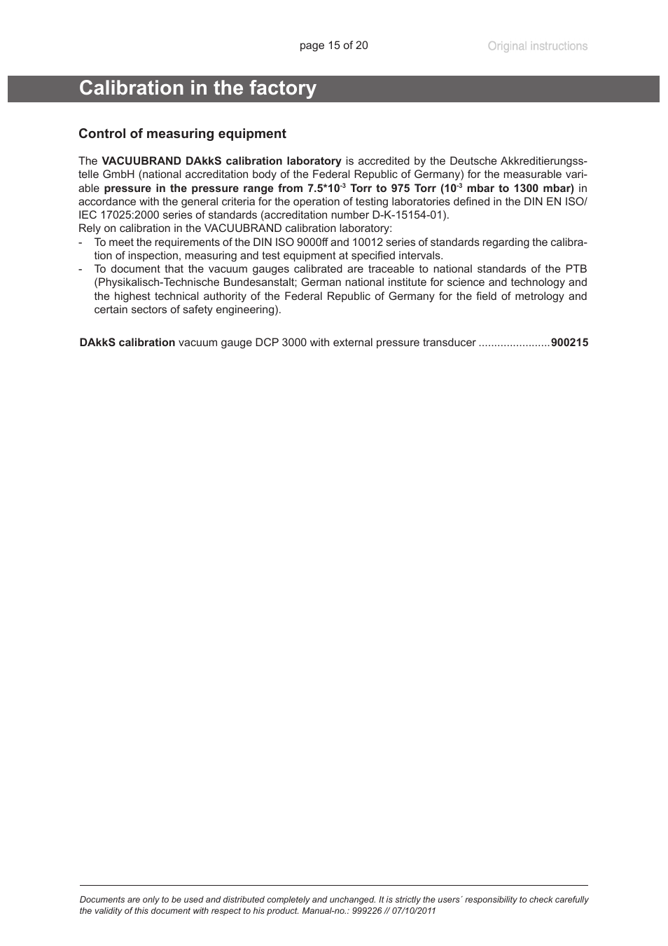 Calibration in the factory | VACUUBRAND MPT 200 User Manual | Page 15 / 20