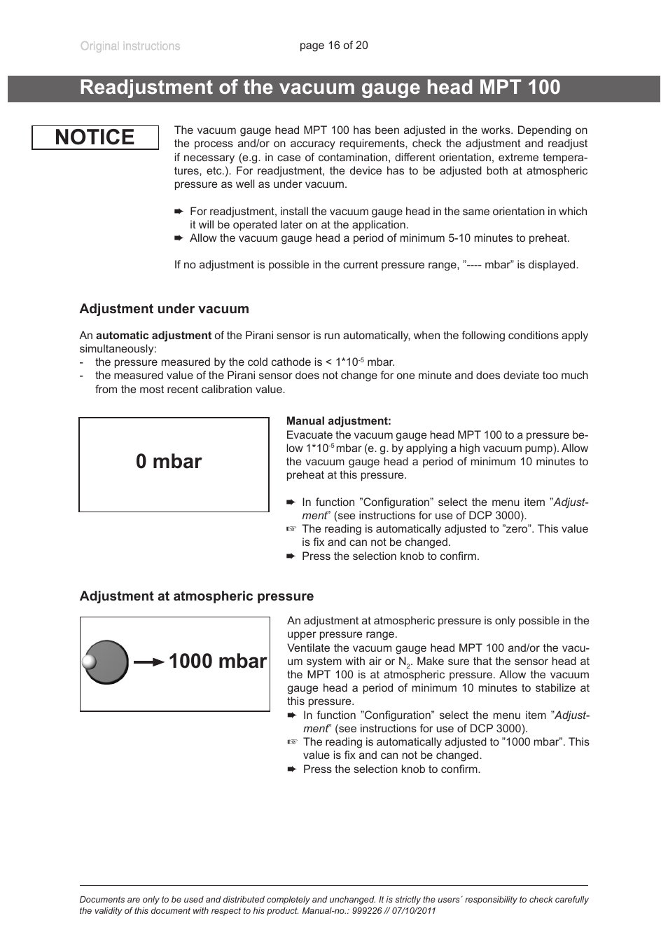 Readjustment of the transmitter mpt 100, Readjustment of the vacuum gauge head mpt 100, Notice | VACUUBRAND MPT 200 User Manual | Page 16 / 20