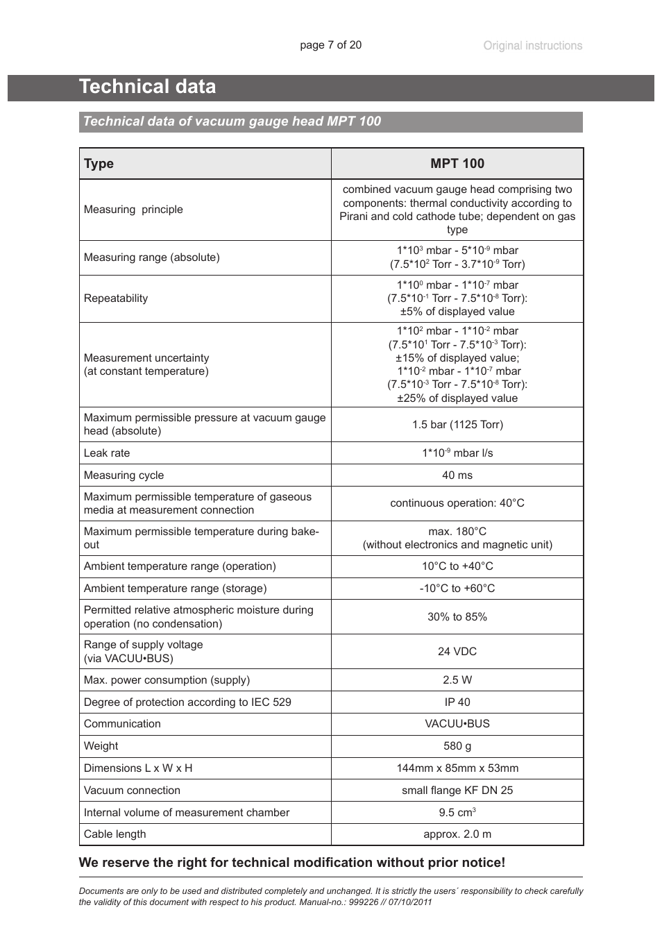 Technical data, Technical data of transmitter mpt 100, Technical data of vacuum gauge head mpt 100 | VACUUBRAND MPT 200 User Manual | Page 7 / 20