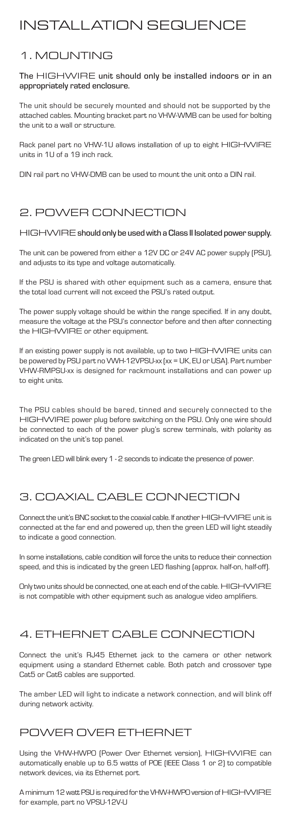 Installation sequence, Mounting, Power connection | Coaxial cable connection, Ethernet cable connection, Power over ethernet | Veracity HIGHWIRE / HIGHWIRE POE User Manual | Page 2 / 2