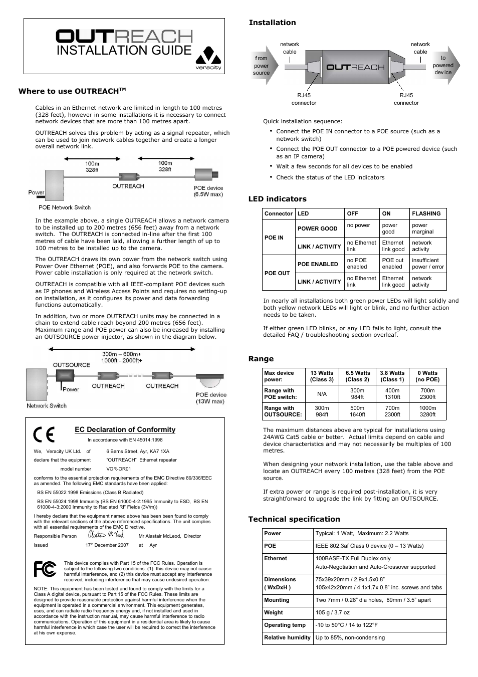 Veracity OUTREACH (Superceded by OUTREACH LITE) User Manual | 2 pages