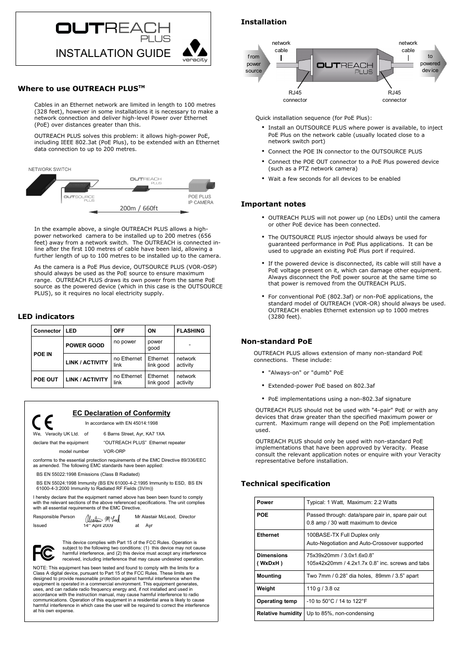 Veracity OUTREACH PLUS (Superceded by OUTREACH MAX) User Manual | 1 page