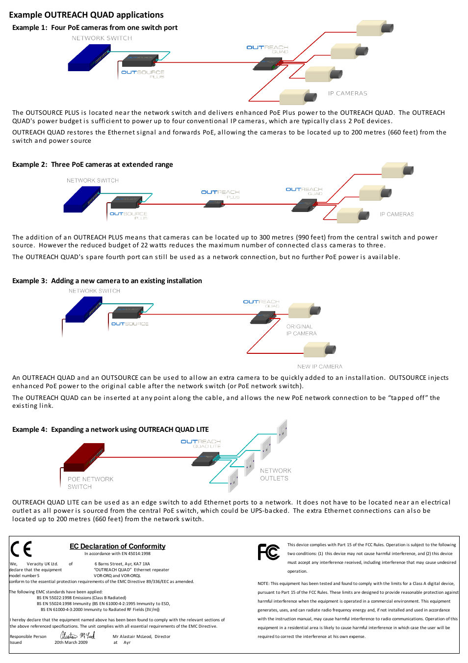 Example outreach quad applications, Example 1: four poe cameras from one switch port, Example 2: three poe cameras at extended range | Veracity OUTREACH QUAD LITE User Manual | Page 2 / 2