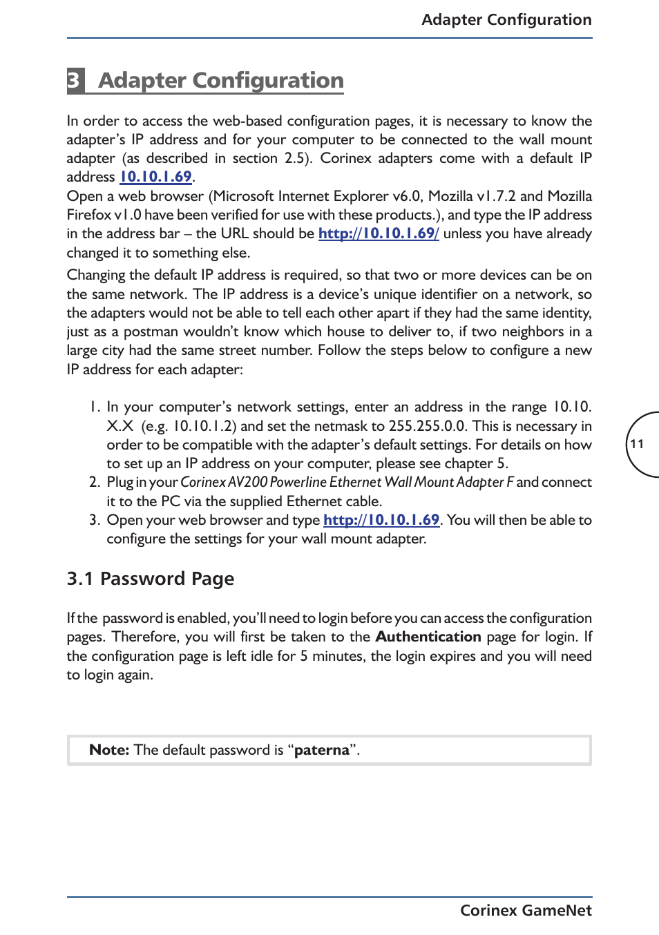 3adapter configuration, 1 password page | Corinex Global Corinex GameNet User Manual | Page 13 / 47