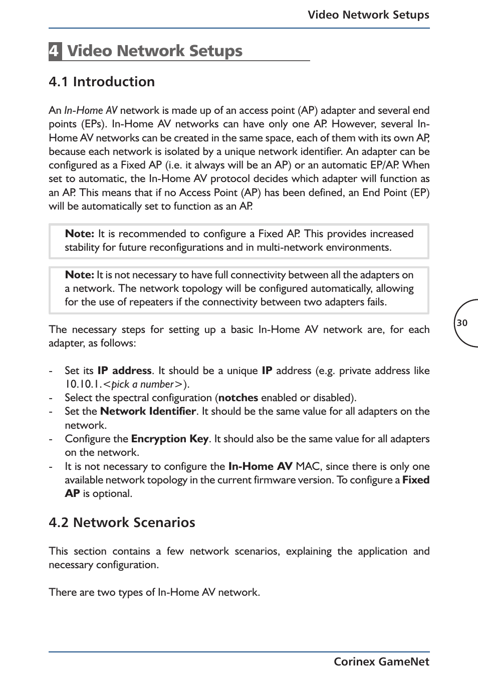 4video network setups, 1 introduction, 2 network scenarios | Corinex Global Corinex GameNet User Manual | Page 32 / 47