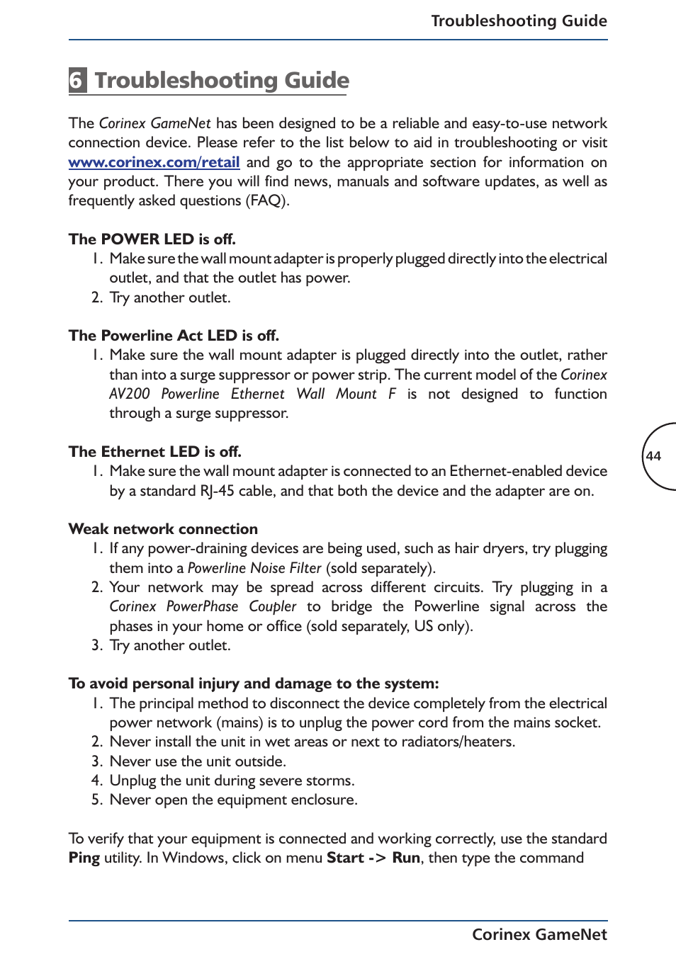 6troubleshooting guide | Corinex Global Corinex GameNet User Manual | Page 46 / 47