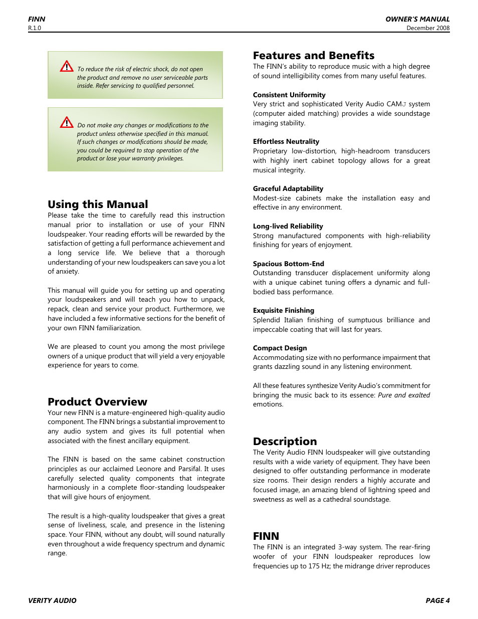 Using this manual, Product overview, Features and benefits | Description, Finn | Verity Audio Finn User Manual | Page 4 / 12