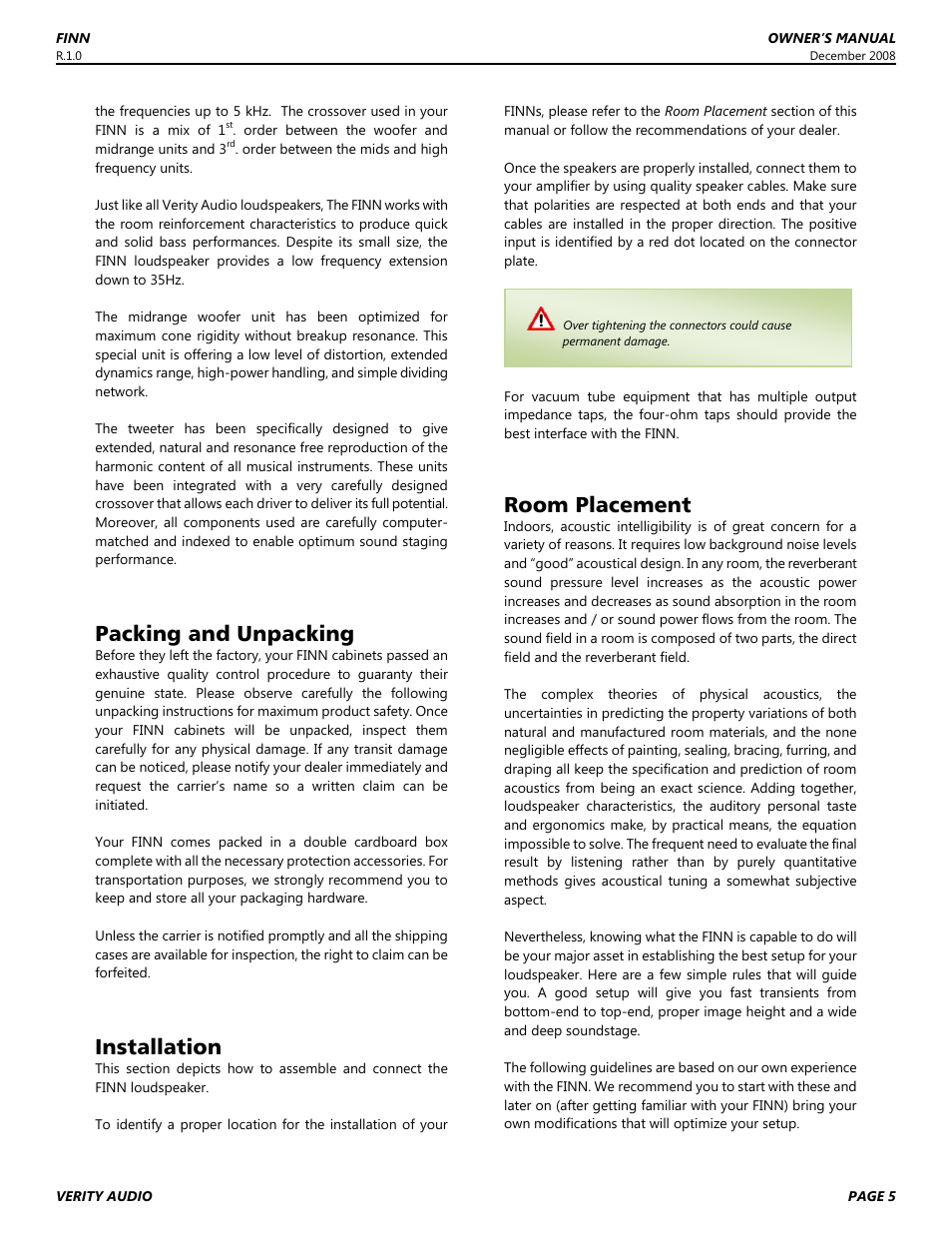 Packing and unpacking, Installation, Room placement | Verity Audio Finn User Manual | Page 5 / 12