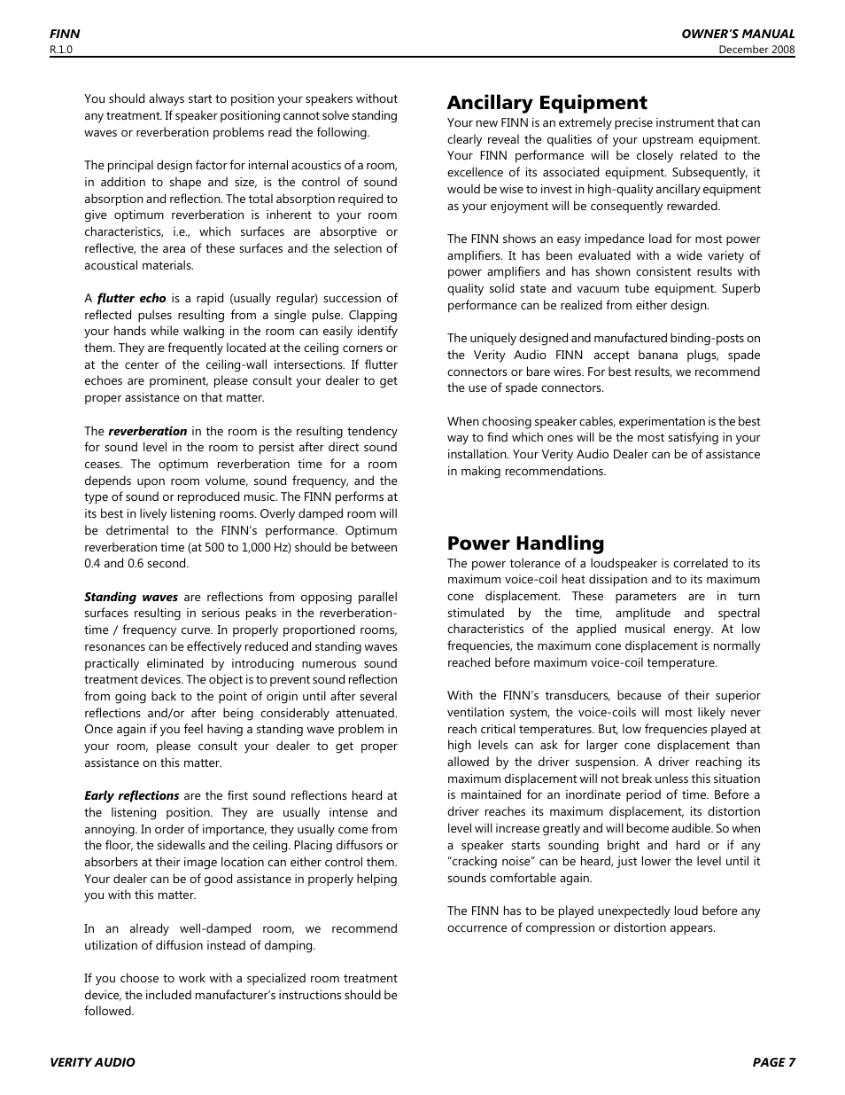 Ancillary equipment, Power handling | Verity Audio Finn User Manual | Page 7 / 12