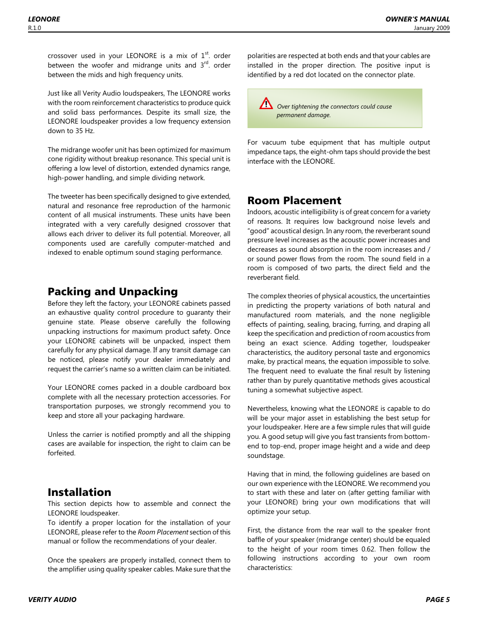 Packing and unpacking, Installation, Room placement | Verity Audio Leonore User Manual | Page 5 / 12