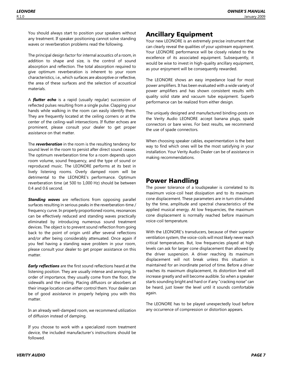 Ancillary equipment, Power handling | Verity Audio Leonore User Manual | Page 7 / 12