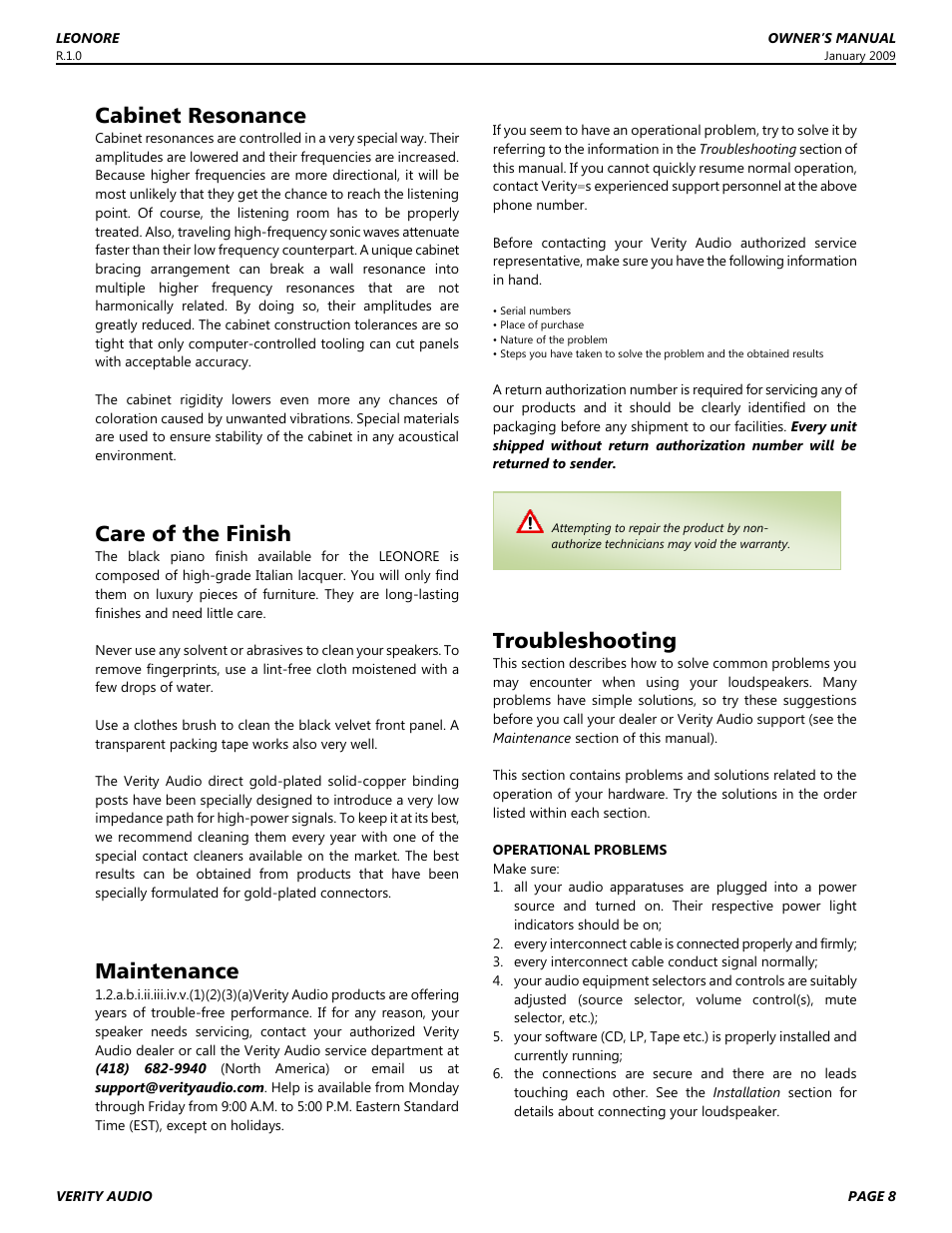 Cabinet resonance, Care of the finish, Maintenance | Troubleshooting | Verity Audio Leonore User Manual | Page 8 / 12