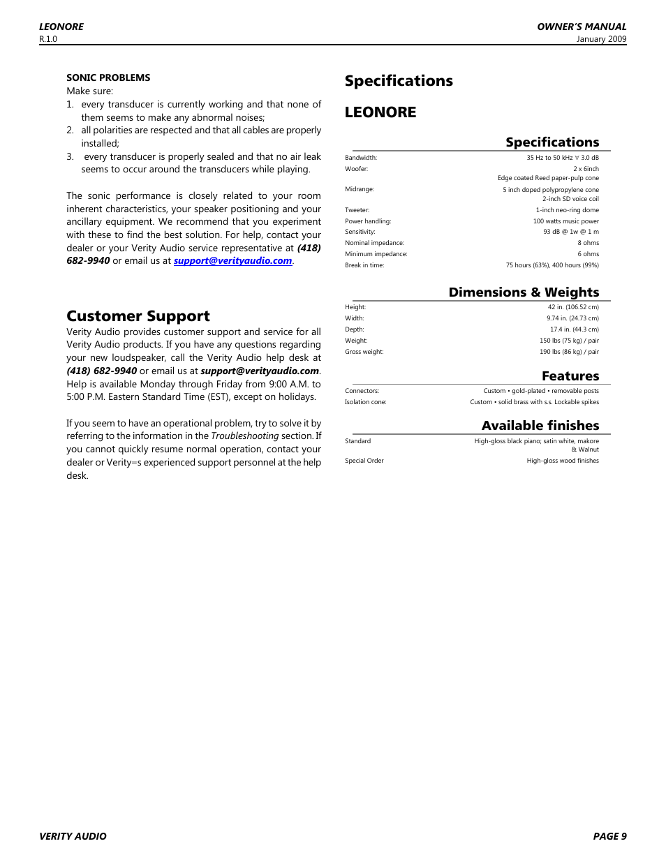 Customer support, Specifications, Leonore | Dimensions & weights, Features, Available finishes | Verity Audio Leonore User Manual | Page 9 / 12