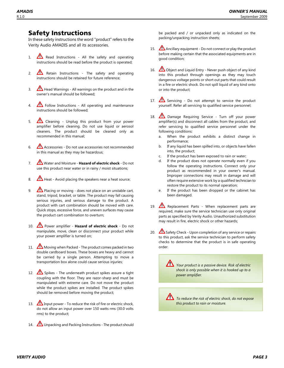 Safety instructions | Verity Audio Amadis S User Manual | Page 3 / 12