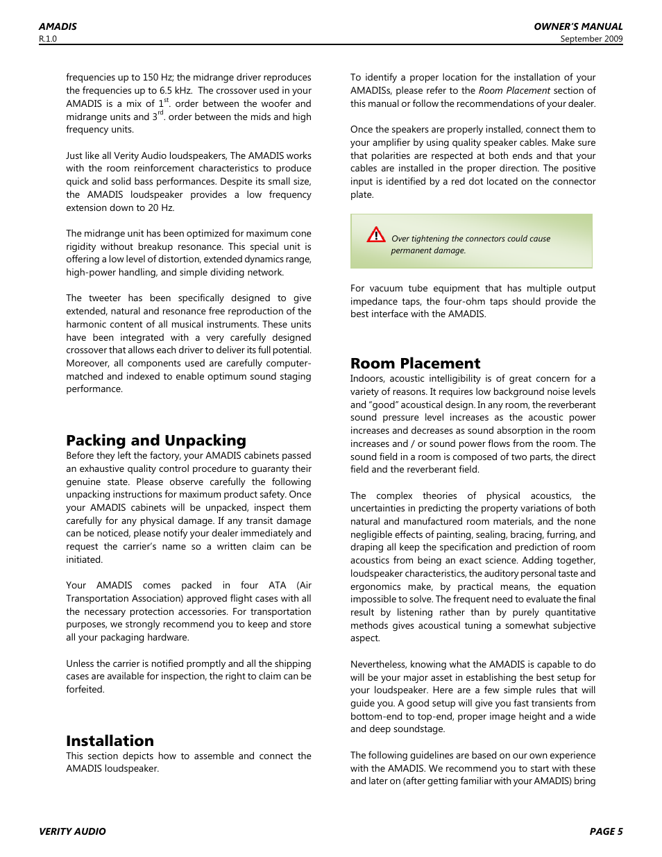 Packing and unpacking, Installation, Room placement | Verity Audio Amadis S User Manual | Page 5 / 12