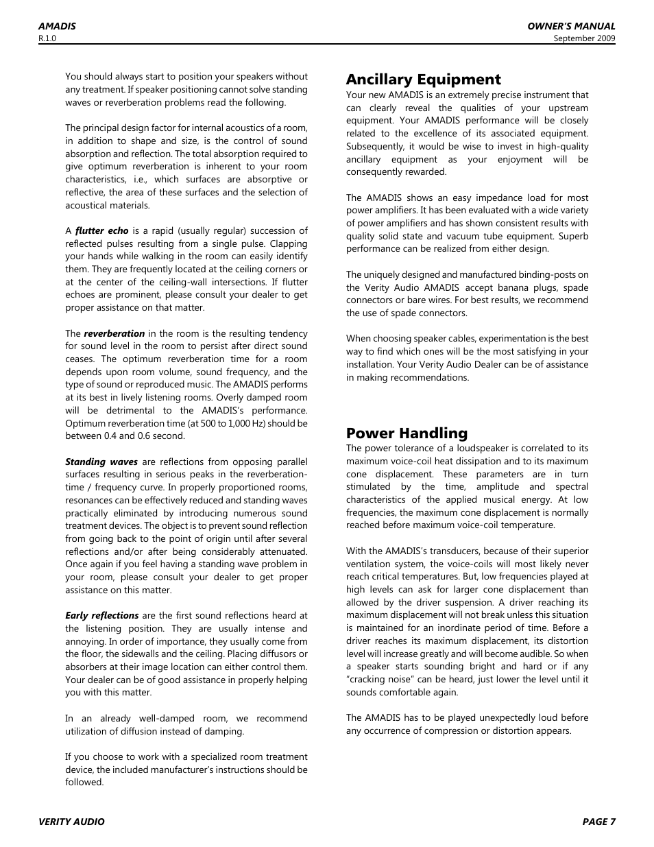 Ancillary equipment, Power handling | Verity Audio Amadis S User Manual | Page 7 / 12