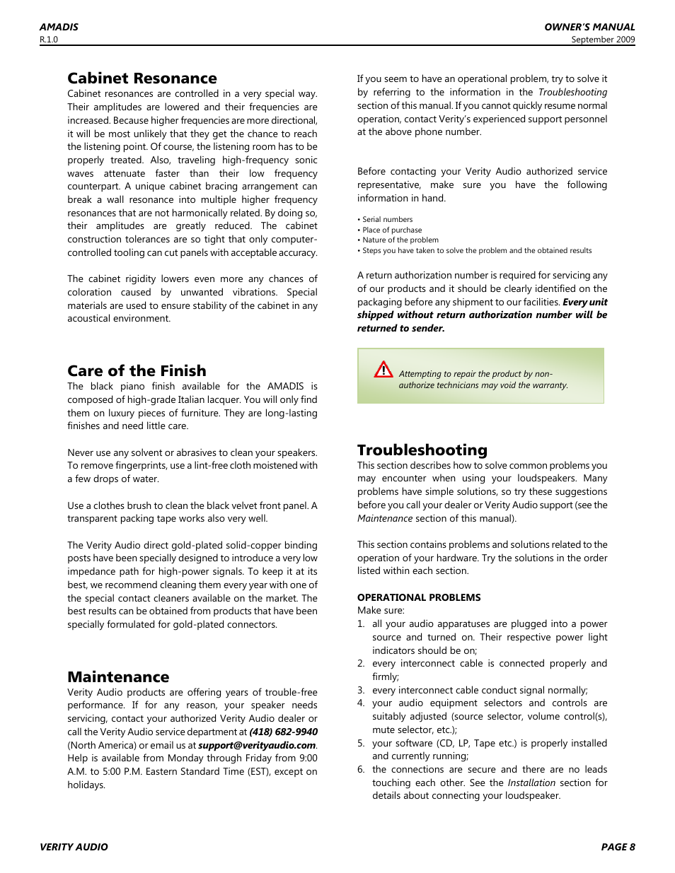 Cabinet resonance, Care of the finish, Maintenance | Troubleshooting | Verity Audio Amadis S User Manual | Page 8 / 12