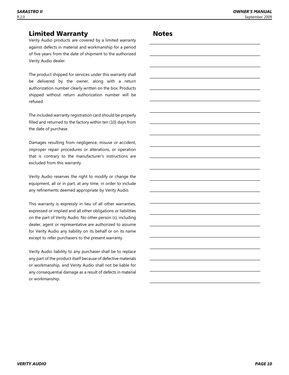 Limited warranty | Verity Audio Sarastro IIS User Manual | Page 10 / 12