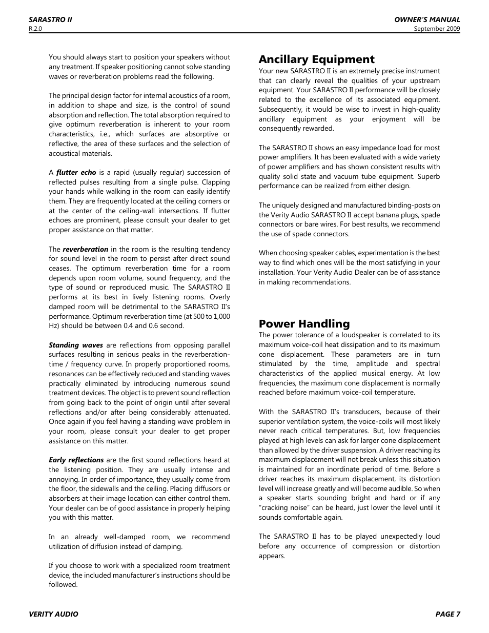 Ancillary equipment, Power handling | Verity Audio Sarastro IIS User Manual | Page 7 / 12